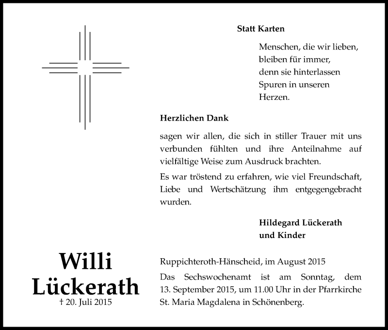  Traueranzeige für Willi Lückerath vom 15.08.2015 aus Kölner Stadt-Anzeiger / Kölnische Rundschau / Express
