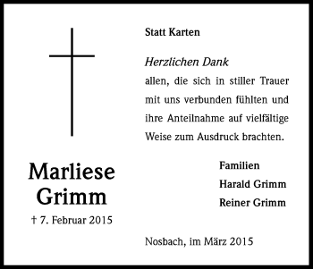 Anzeige von Marliese Grimm von Kölner Stadt-Anzeiger / Kölnische Rundschau / Express