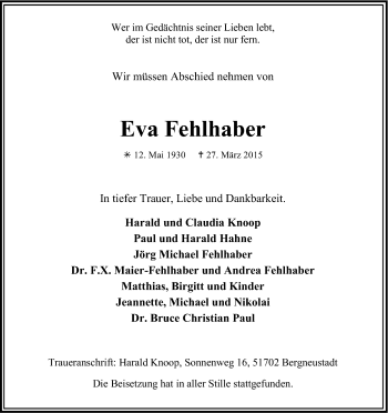 Anzeige von Eva Fehlhaber von Kölner Stadt-Anzeiger / Kölnische Rundschau / Express