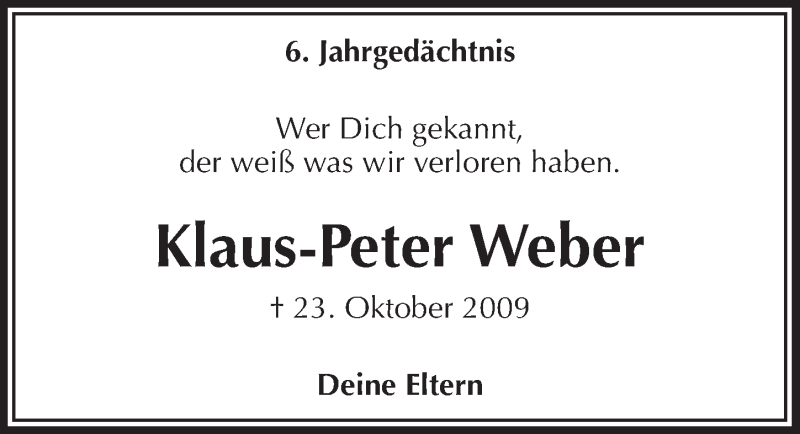  Traueranzeige für Klaus-Peter Weber vom 21.10.2015 aus  Anzeigen Echo 