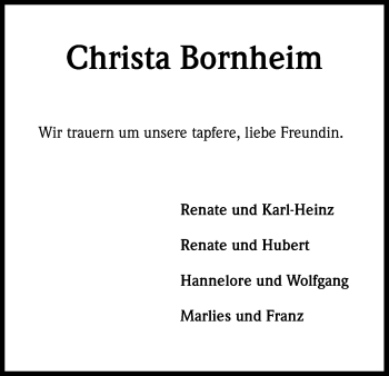 Anzeige von Christa Bornheim von Kölner Stadt-Anzeiger / Kölnische Rundschau / Express