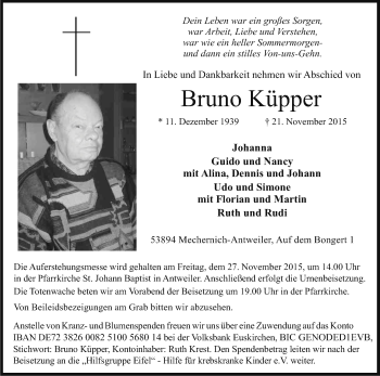 Anzeige von Bruno Küpper von Kölner Stadt-Anzeiger / Kölnische Rundschau / Express