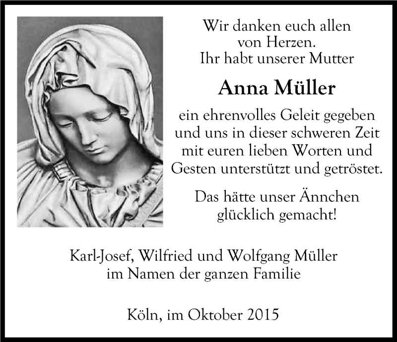  Traueranzeige für Anna Müller vom 31.10.2015 aus Kölner Stadt-Anzeiger / Kölnische Rundschau / Express