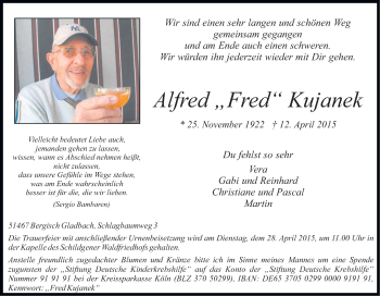 Anzeige von Alfred  Kujanek von Kölner Stadt-Anzeiger / Kölnische Rundschau / Express