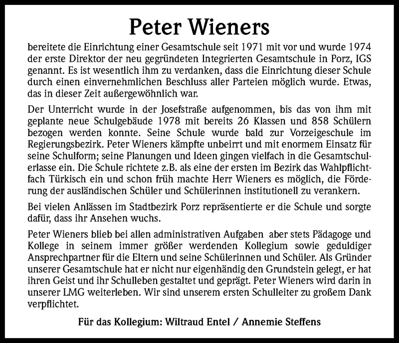  Traueranzeige für Peter Wieners vom 28.03.2015 aus Kölner Stadt-Anzeiger / Kölnische Rundschau / Express