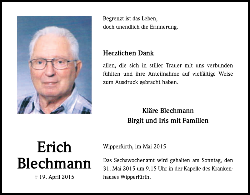  Traueranzeige für Erich Blechmann vom 23.05.2015 aus Kölner Stadt-Anzeiger / Kölnische Rundschau / Express