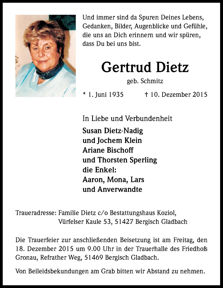  Traueranzeige für Gertrud Dietz vom 16.12.2015 aus Kölner Stadt-Anzeiger / Kölnische Rundschau / Express