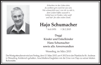 Anzeige von Hajo Schumacher von  Schlossbote/Werbekurier 