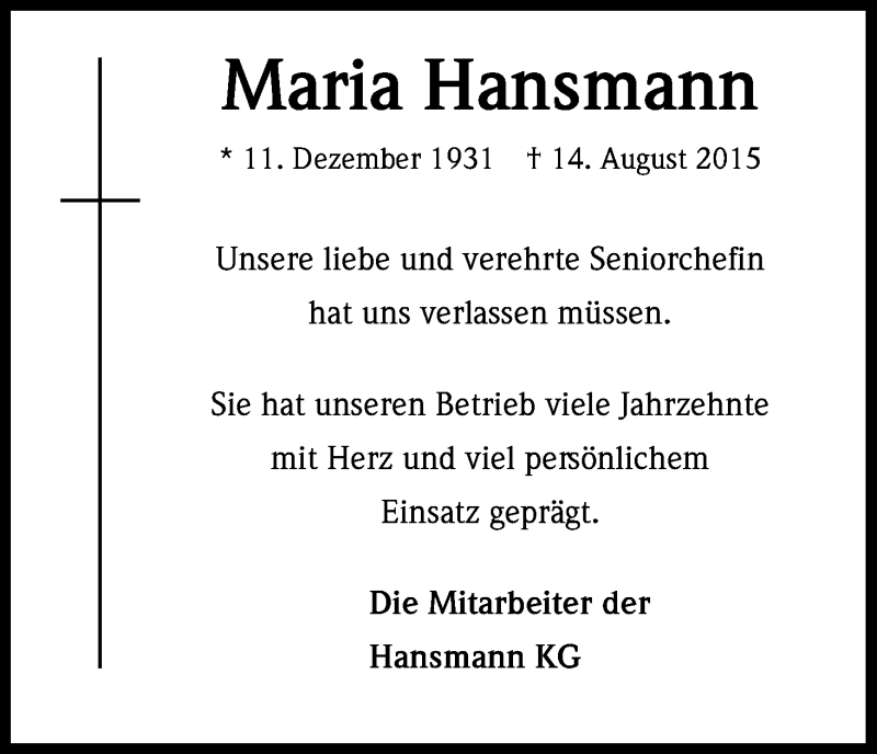  Traueranzeige für Maria Hansmann vom 19.08.2015 aus Kölner Stadt-Anzeiger / Kölnische Rundschau / Express