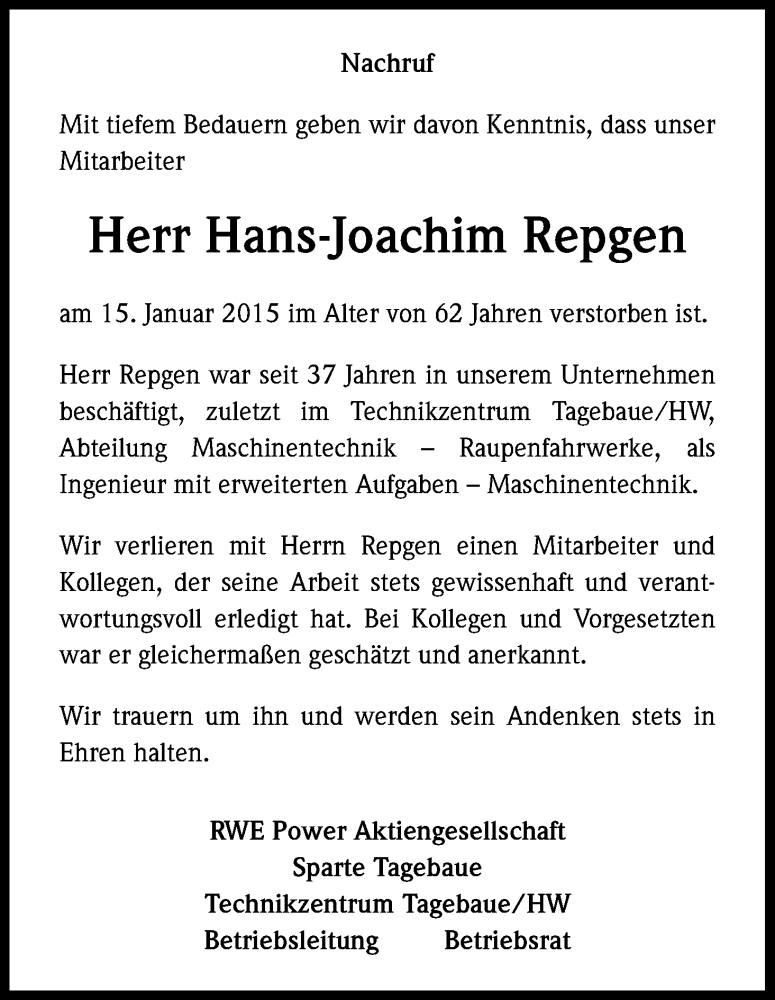  Traueranzeige für Hans-Joachim Repgen vom 23.01.2015 aus Kölner Stadt-Anzeiger / Kölnische Rundschau / Express