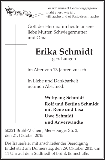 Anzeige von Erika Schmidt von  Schlossbote/Werbekurier 