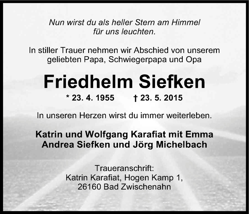  Traueranzeige für Friedhelm Siefken vom 30.05.2015 aus Kölner Stadt-Anzeiger / Kölnische Rundschau / Express