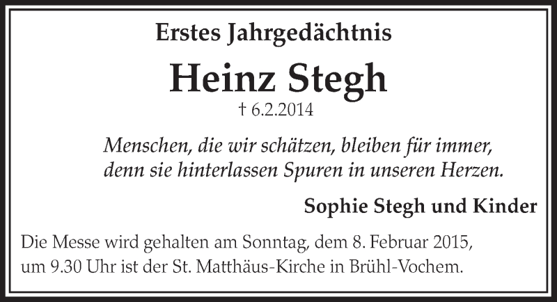  Traueranzeige für Heinz Stegh vom 04.02.2015 aus  Schlossbote/Werbekurier 