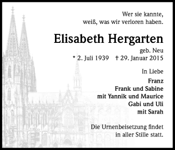 Anzeige von Elisabeth Hergarten von Kölner Stadt-Anzeiger / Kölnische Rundschau / Express