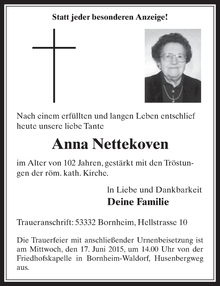  Traueranzeige für Anna Nettekoven vom 10.06.2015 aus  Schaufenster/Blickpunkt 