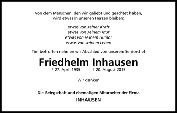Anzeige von Friedhelm Inhausen von Kölner Stadt-Anzeiger / Kölnische Rundschau / Express