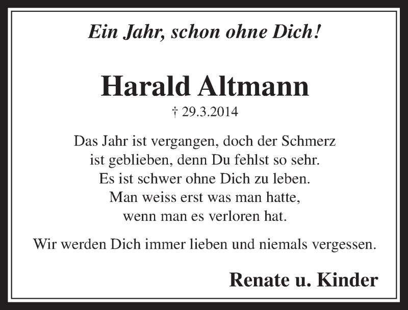  Traueranzeige für Harald Altmann vom 25.03.2015 aus  Wochenende 