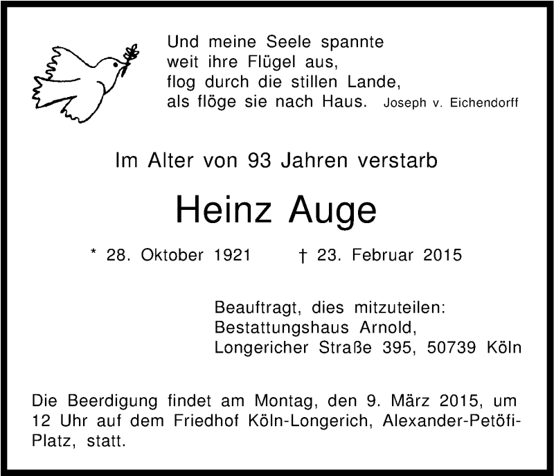  Traueranzeige für Heinz Auge vom 04.03.2015 aus Kölner Stadt-Anzeiger / Kölnische Rundschau / Express
