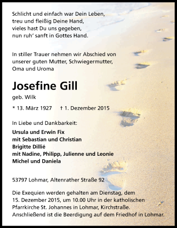 Anzeige von Josefine Gill von Kölner Stadt-Anzeiger / Kölnische Rundschau / Express