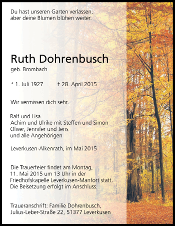 Anzeige von Ruth Dohrenbusch von Kölner Stadt-Anzeiger / Kölnische Rundschau / Express