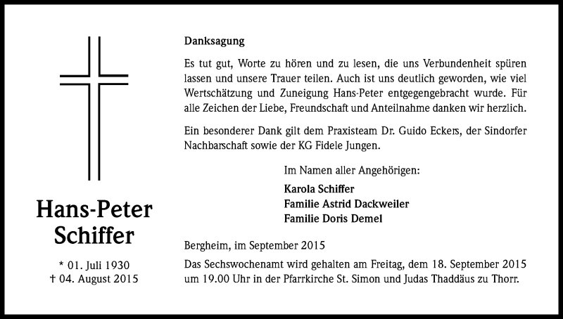  Traueranzeige für Hans-Peter Schiffer vom 12.09.2015 aus Kölner Stadt-Anzeiger / Kölnische Rundschau / Express
