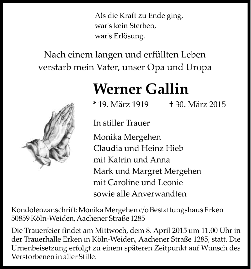 Traueranzeigen von Werner Gallin | WirTrauern