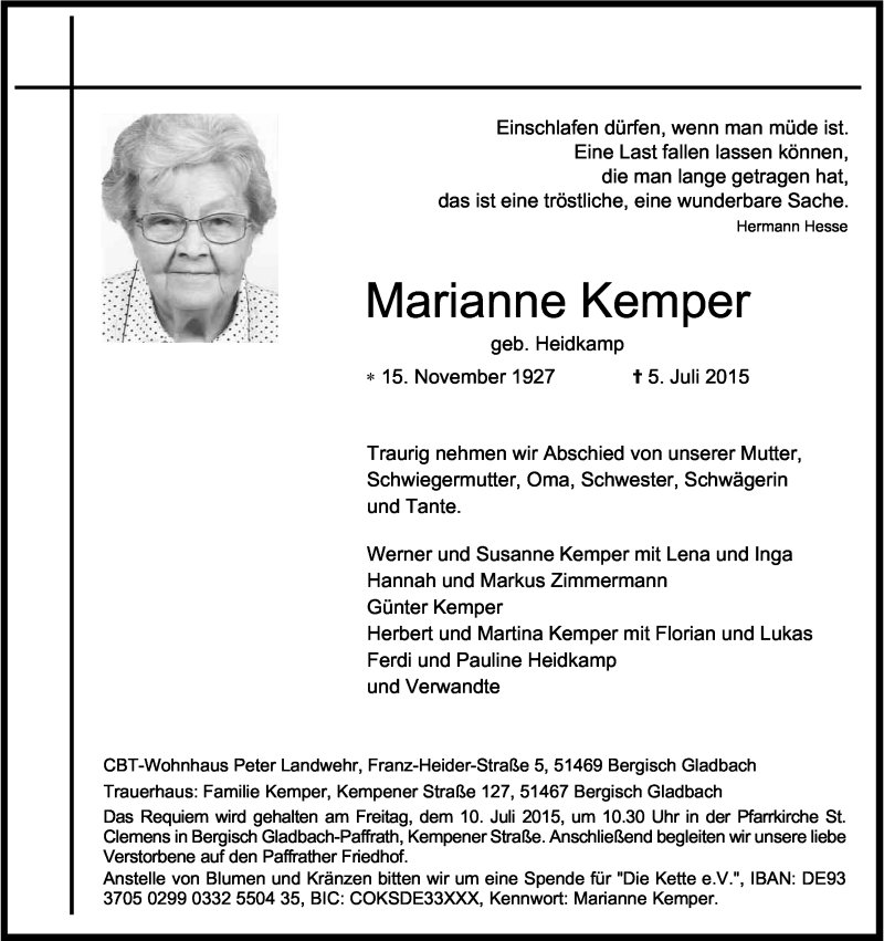  Traueranzeige für Marianne Kemper vom 08.07.2015 aus Kölner Stadt-Anzeiger / Kölnische Rundschau / Express