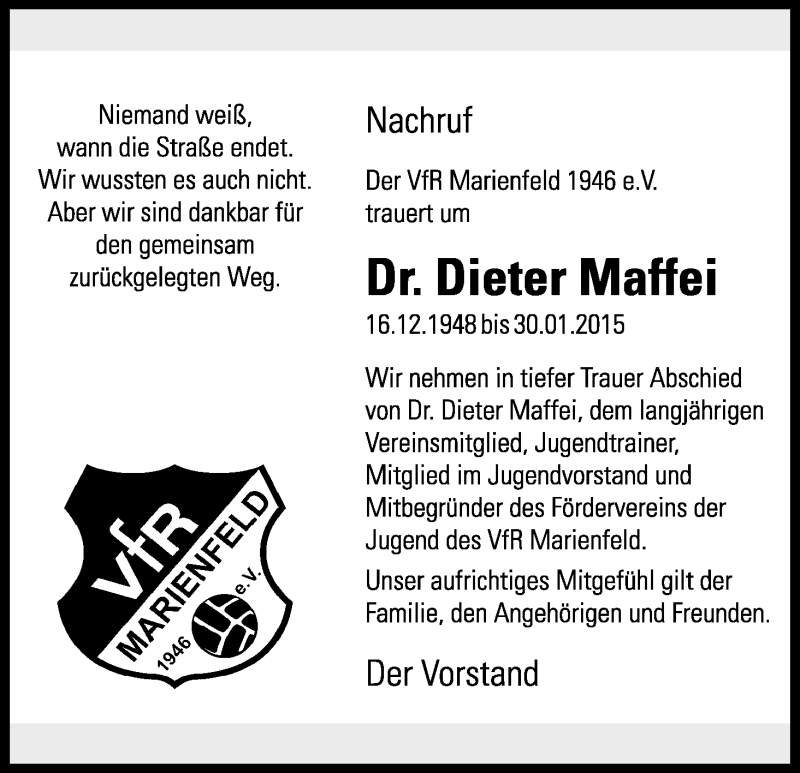  Traueranzeige für Dieter Maffei vom 07.02.2015 aus Kölner Stadt-Anzeiger / Kölnische Rundschau / Express