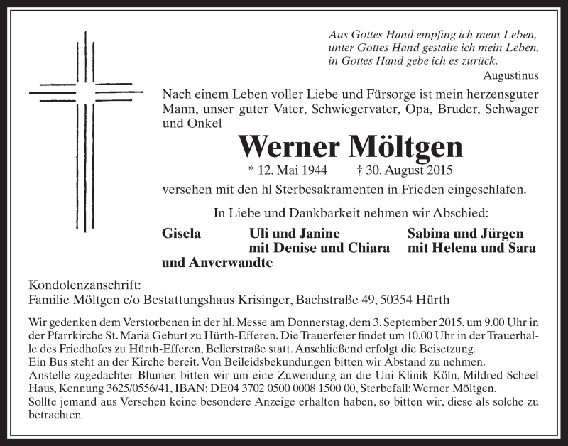  Traueranzeige für Werner Möltgen vom 02.09.2015 aus  Wochenende 