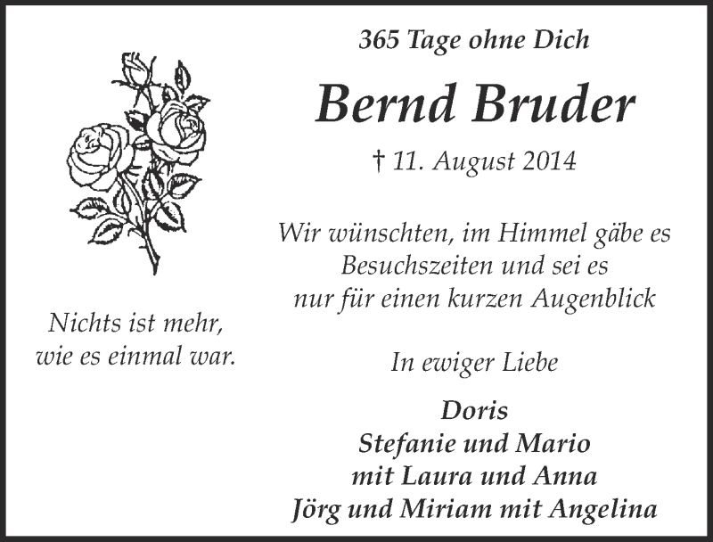  Traueranzeige für Bernd Bruder vom 18.07.2023 aus  Kölner Wochenspiegel 