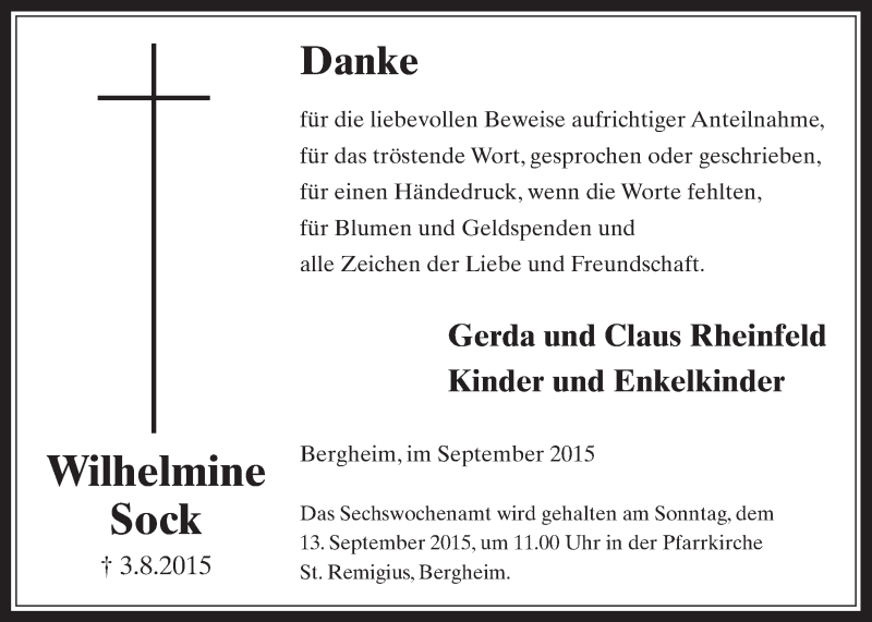  Traueranzeige für Wilhelmine Sock vom 09.09.2015 aus  Werbepost 