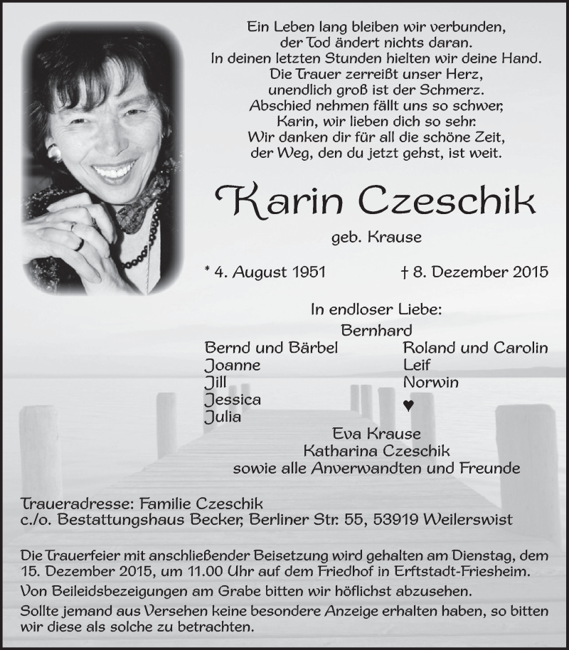  Traueranzeige für Karin Czeschik vom 12.12.2015 aus  Sonntags-Post 