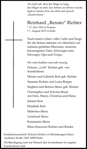 Anzeige von Reinhard Richter von Kölner Stadt-Anzeiger / Kölnische Rundschau / Express