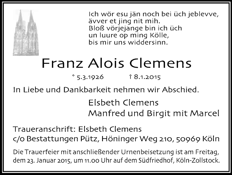  Traueranzeige für Franz Alois Clemens vom 17.01.2015 aus Kölner Stadt-Anzeiger / Kölnische Rundschau / Express