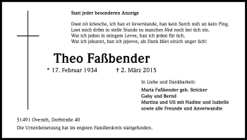 Anzeige von Theo Faßbender von Kölner Stadt-Anzeiger / Kölnische Rundschau / Express