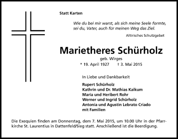 Anzeige von Marietheres Schürholz von Kölner Stadt-Anzeiger / Kölnische Rundschau / Express