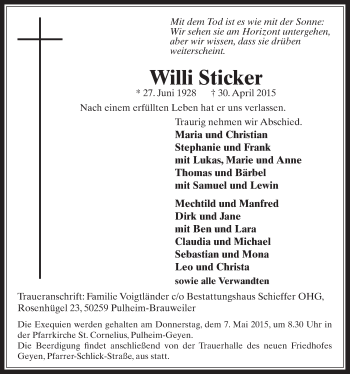 Anzeige von Willi Sticker von  Wochenende 