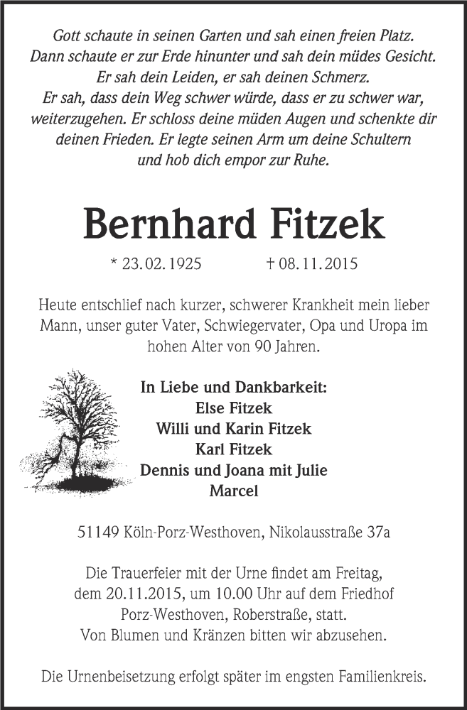 Traueranzeige für Bernhard Fitzek vom 18.11.2015 aus  Kölner Wochenspiegel 