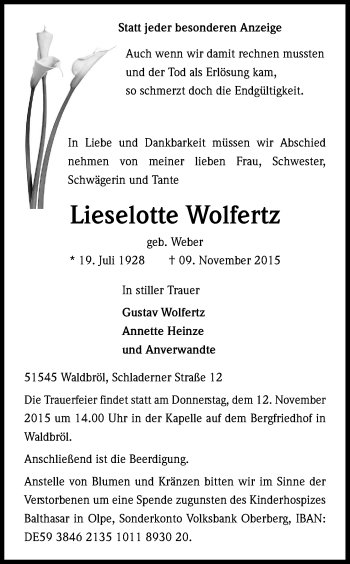 Anzeige von Lieselotte Wolfertz von Kölner Stadt-Anzeiger / Kölnische Rundschau / Express