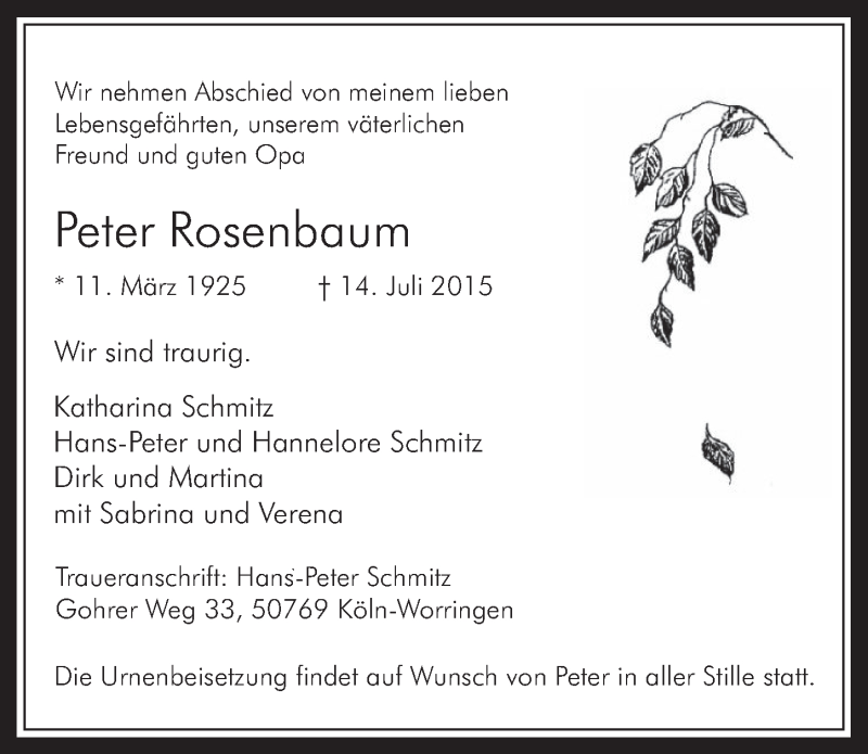  Traueranzeige für Peter Rosenbaum vom 22.07.2015 aus  Wochenende 
