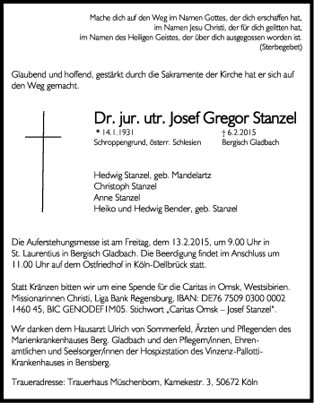 Anzeige von Josef Gregor Stanzel von Kölner Stadt-Anzeiger / Kölnische Rundschau / Express