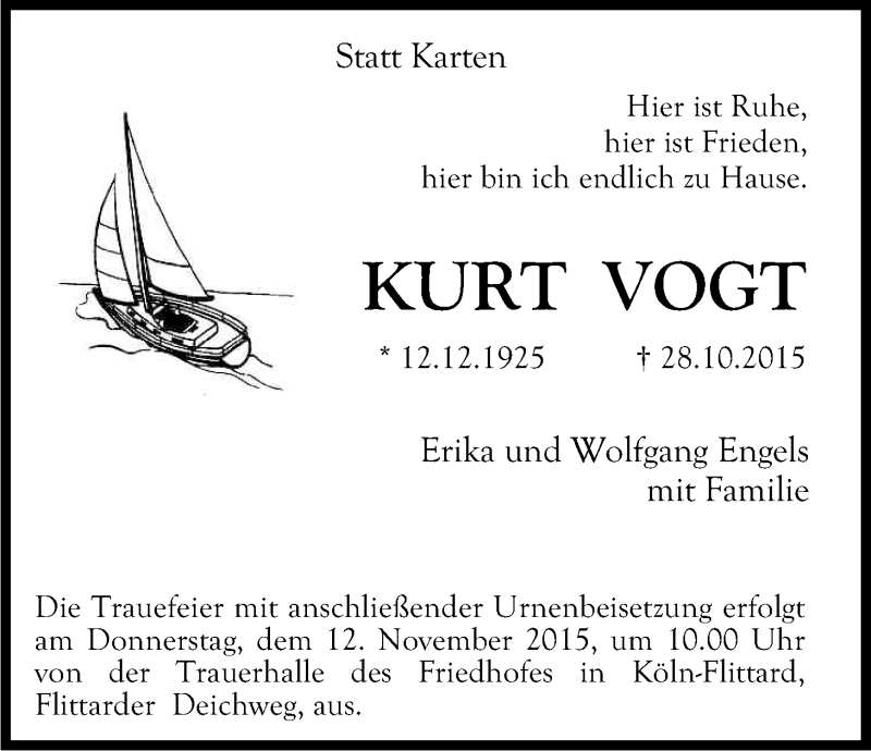  Traueranzeige für Kurt Vogt vom 09.11.2015 aus Kölner Stadt-Anzeiger / Kölnische Rundschau / Express