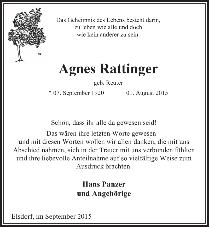  Traueranzeige für Agnes Rattinger vom 12.09.2015 aus  Sonntags-Post 