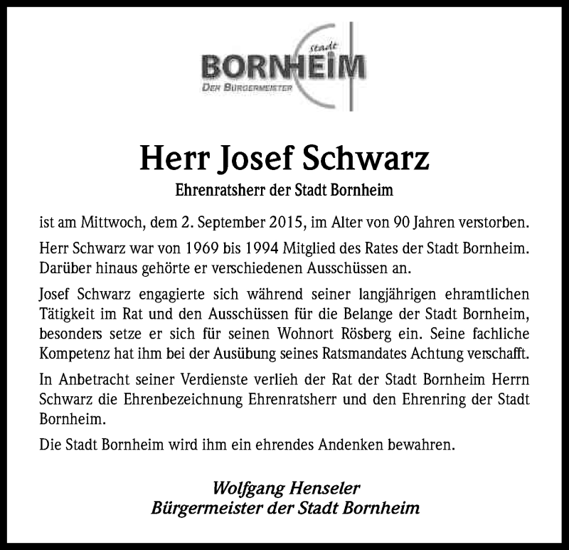  Traueranzeige für Josef Schwarz vom 12.09.2015 aus Kölner Stadt-Anzeiger / Kölnische Rundschau / Express