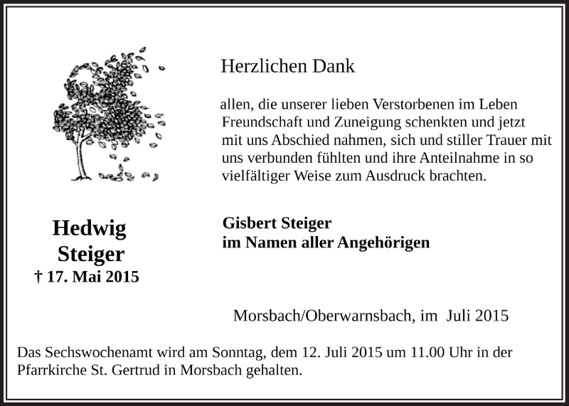  Traueranzeige für Hedwig Steiger vom 08.07.2015 aus  Lokalanzeiger 