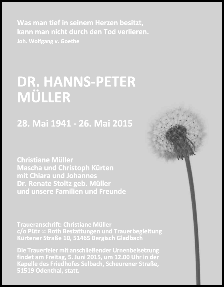  Traueranzeige für Hanns-Peter Müller vom 30.05.2015 aus Kölner Stadt-Anzeiger / Kölnische Rundschau / Express