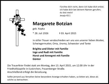 Anzeige von Margarete Botzian von Kölner Stadt-Anzeiger / Kölnische Rundschau / Express