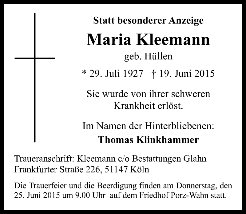  Traueranzeige für Maria Kleemann vom 24.06.2015 aus  Kölner Wochenspiegel 