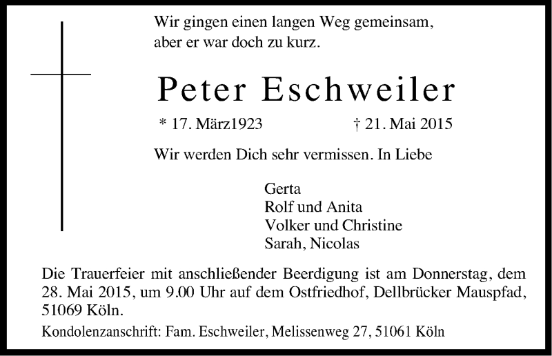  Traueranzeige für Peter Eschweiler vom 23.05.2015 aus Kölner Stadt-Anzeiger / Kölnische Rundschau / Express