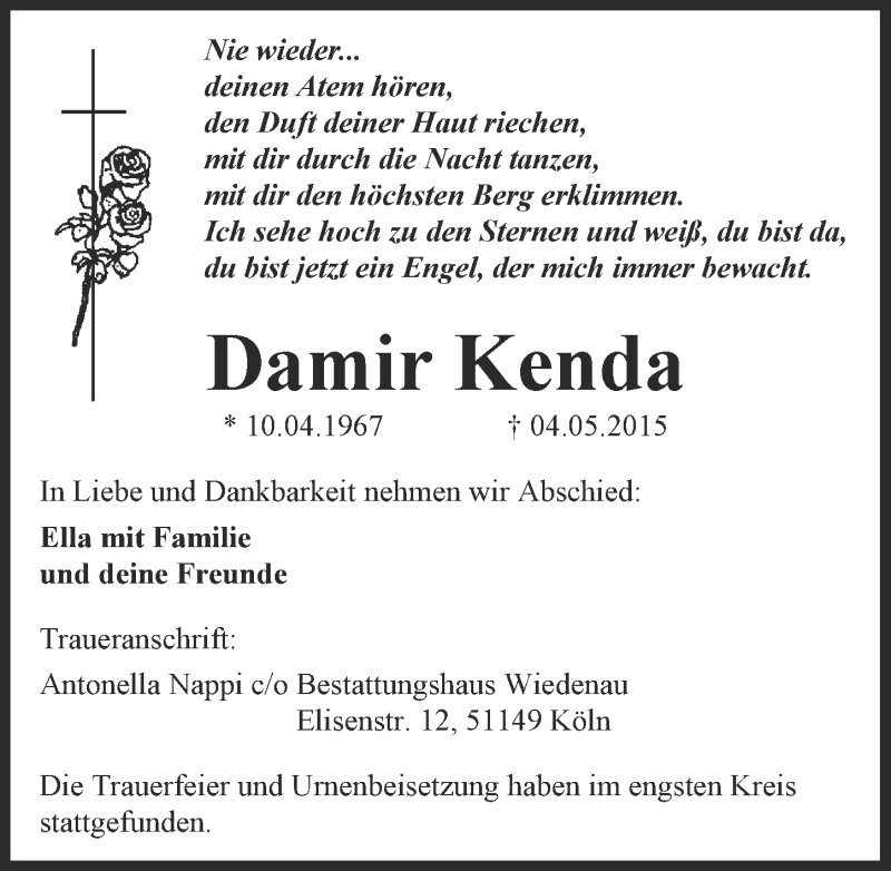  Traueranzeige für Damir Kenda vom 03.06.2015 aus  Kölner Wochenspiegel 